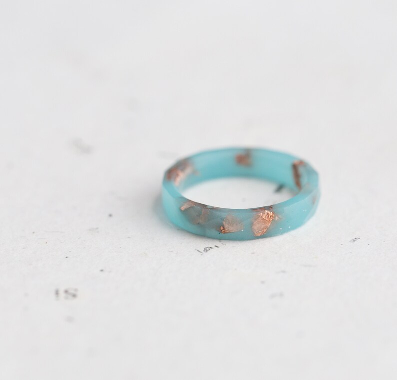 Something Blue Resin Ring Rose Gold Flakes Hypoallergenic Ring OOAK image 6