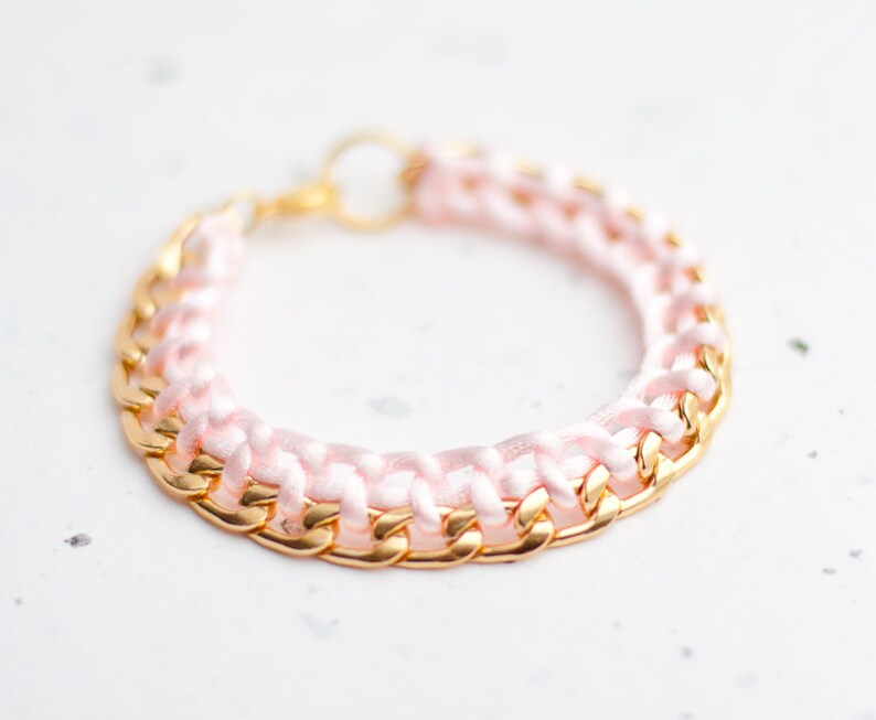 Gold Chain Braided Bracelet Light Pink Pastel Blush Modern minimalist jewelry image 1