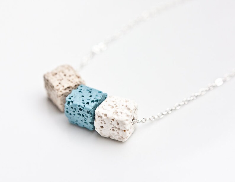 Necklace Lava Stone Cube Silver White Baby Blue Beige Modern Geometric Jewelry urban minimal chic image 2