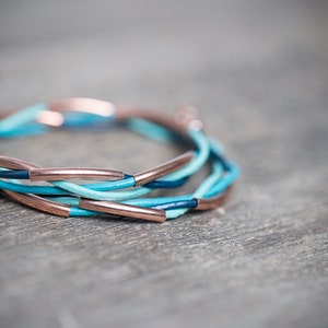 Rose Gold Mint Teal Turquoise Blue Double Wrap Bracelet Braided Leather Modern beach jewelry image 2