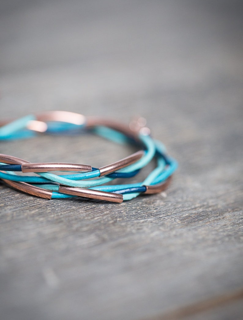 Rose Gold Mint Teal Turquoise Blue Double Wrap Bracelet Braided Leather Modern beach jewelry image 2