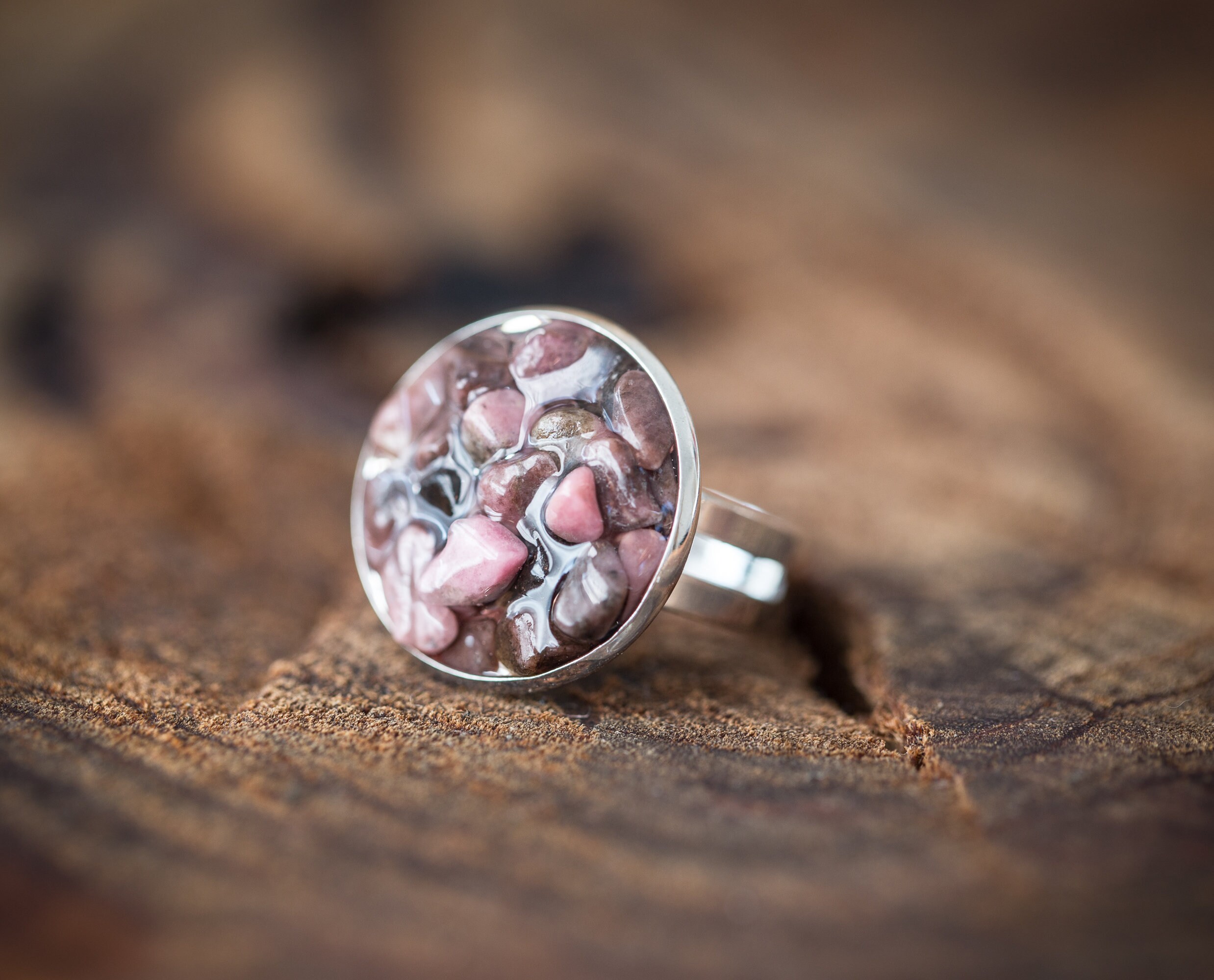 Raw Pink Rhodonite Ring Adjustable Statement Cocktail Ring | Etsy