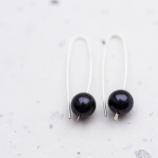 Minimal Chic Black Pearls Modern Simple Hook Earrings Sterling Silver Organic Minimalist design