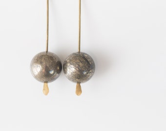 Modern Drop Sphere Pyrite Earrings Urban Minimalist Ball Geometric Jewelry