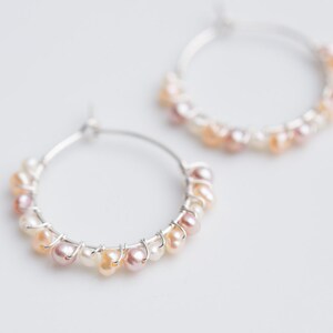 Hoop Earrings Pastel Pearls Argentium Sterling Silver peach june birthstone bridal fashion image 8