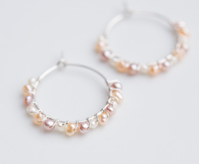 Hoop Earrings Pastel Pearls Argentium Sterling Silver peach june birthstone bridal fashion image 8