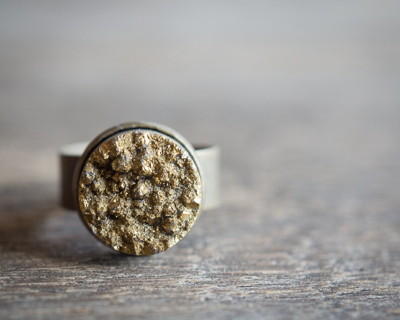 Gold Druzy Ring Adjustable Cocktail Statement Ring OOAK drusy agate boho jewelry raw rustic woodland organic design 画像 5