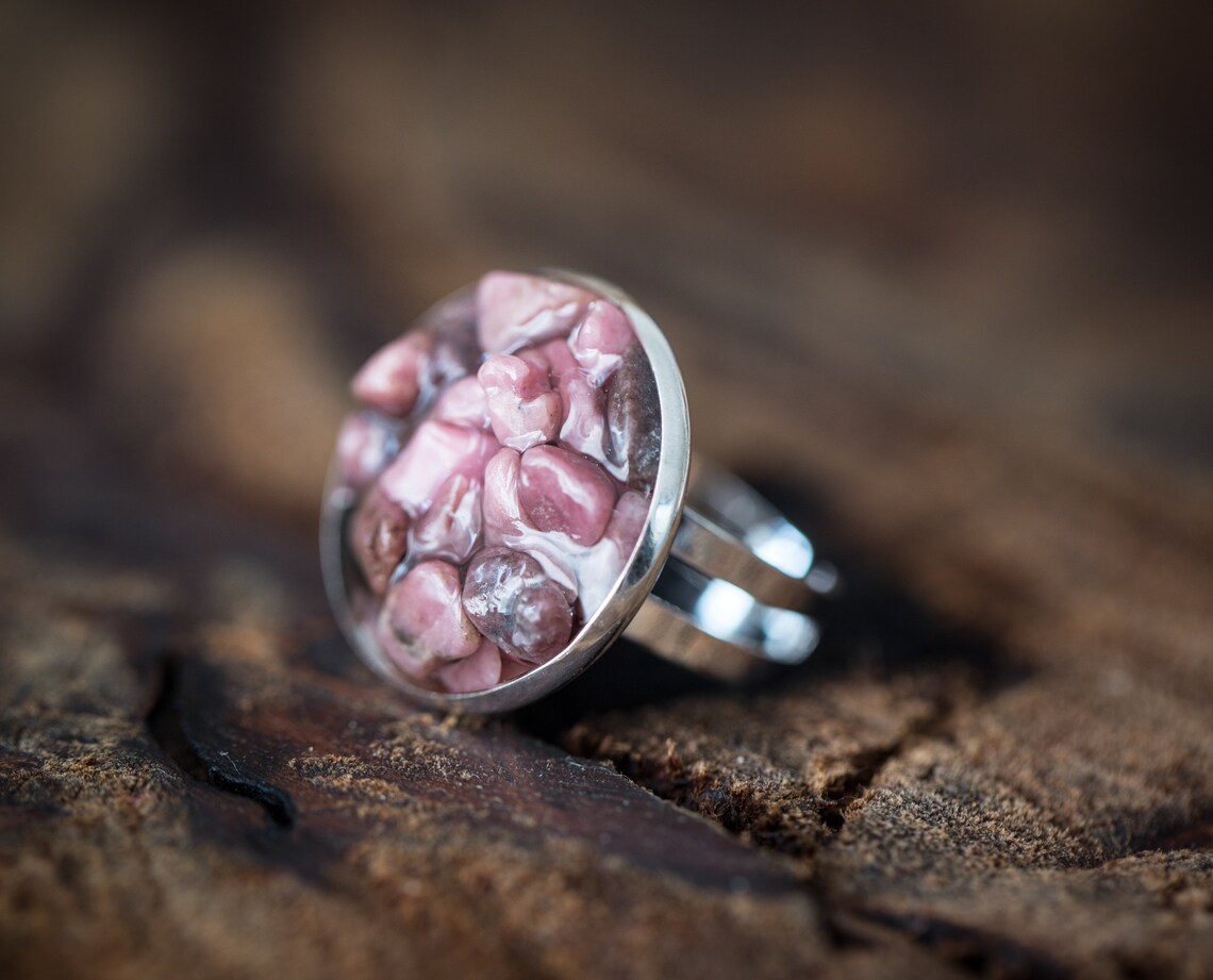 Raw Pink Rhodonite Ring Adjustable Statement Cocktail Ring OOAK Boho ...