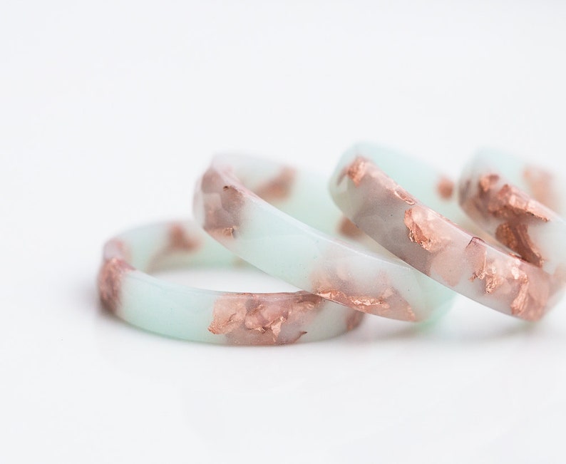 Pastel Mint Resin Ring Rose Gold Flakes Small Faceted Ring OOAK image 2