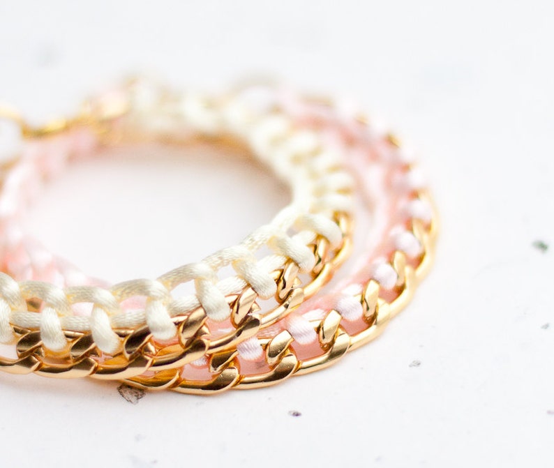 Gold Chain Braided Bracelet Light Pink Pastel Blush Modern minimalist jewelry image 3