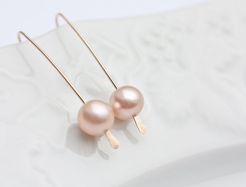 Modern Simple Earrings 14K Goldfilled Pastel Pearls Tea Rose Peach image 3