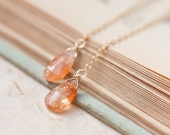 Long Dangle Earrings Sunstone 14k Gold Chain Orange Peach Luxury Bridal Wedding Fashion pastel