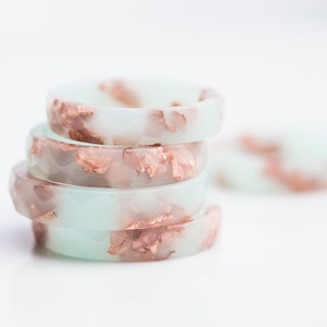 Pastel Mint Resin Ring Rose Gold Flakes Small Faceted Ring OOAK image 5