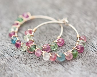 Hoop Earrings Rainbow Tourmaline Luxury 14K Gold wire wrapped beaded hoops watermelon tourmaline multicolor