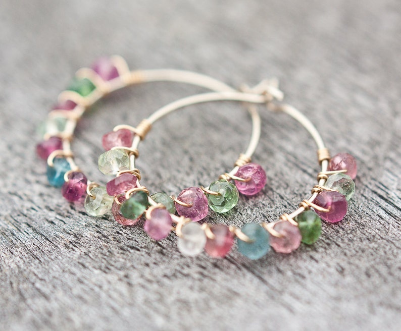 Hoop Earrings Rainbow Tourmaline Luxury 14K Gold wire wrapped beaded hoops watermelon tourmaline multicolor image 1