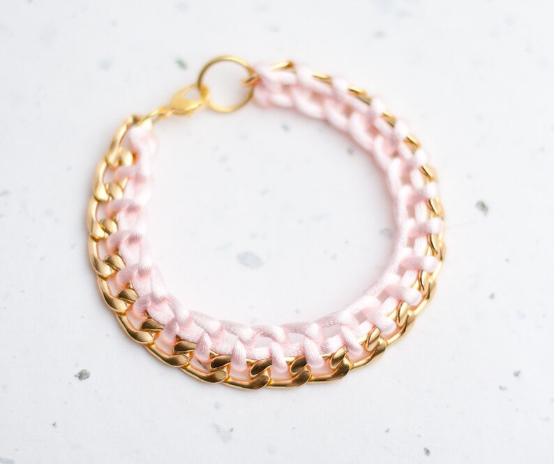 Gold Chain Braided Bracelet Light Pink Pastel Blush Modern minimalist jewelry image 2