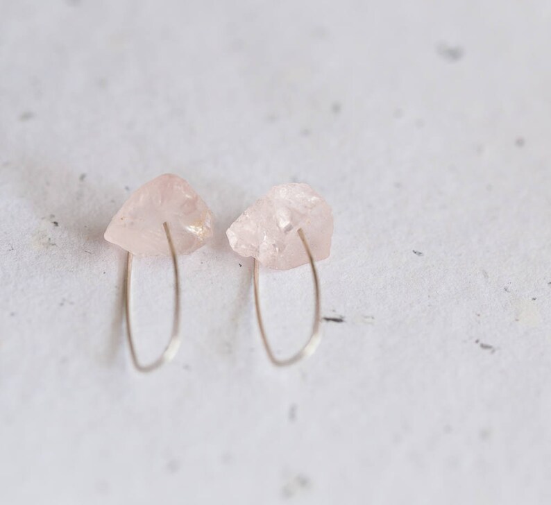 Raw Rose Quartz Modern Hook Earrings Argentuim Sterling Silver image 7