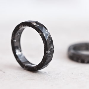 Resin Stacking Ring Black Silver Small Faceted Ring OOAK