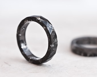 Resin Stacking Ring Black Silver Small Faceted Ring OOAK