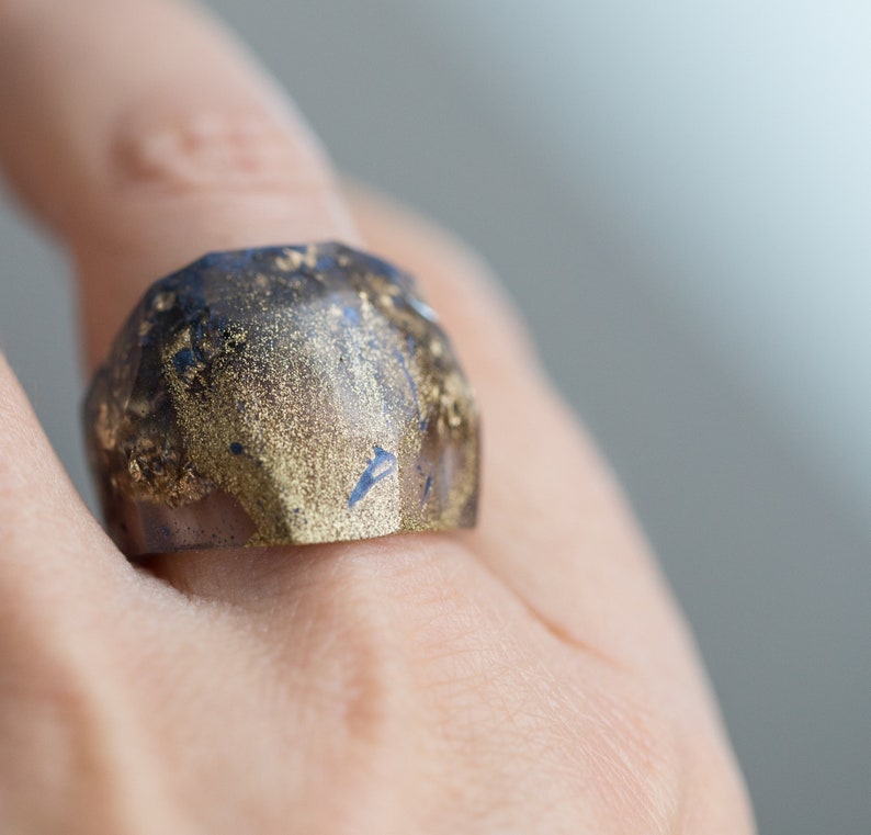 Gold Stardust Blue Ring Statement Cocktail hypoallergenic Resin Ring OOAK image 6