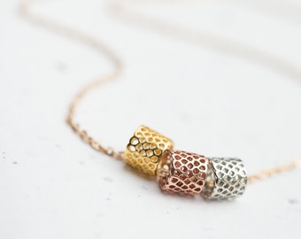 Three Floating Bead Necklace Gold Tricolor Hollow Filigree Pendant Boho Versatile Necklace modern minimalist jewelry