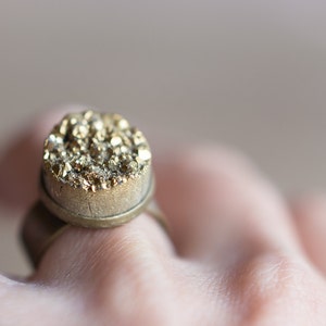 Gold Druzy Ring Adjustable Cocktail Statement Ring OOAK drusy agate boho jewelry raw rustic woodland organic design image 3