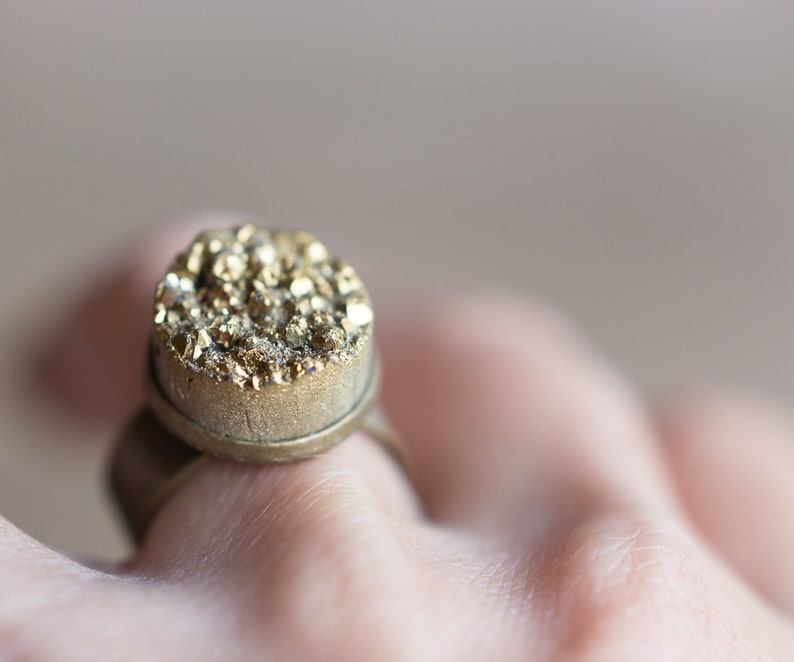 Gold Druzy Ring Adjustable Cocktail Statement Ring OOAK drusy agate boho jewelry raw rustic woodland organic design image 3