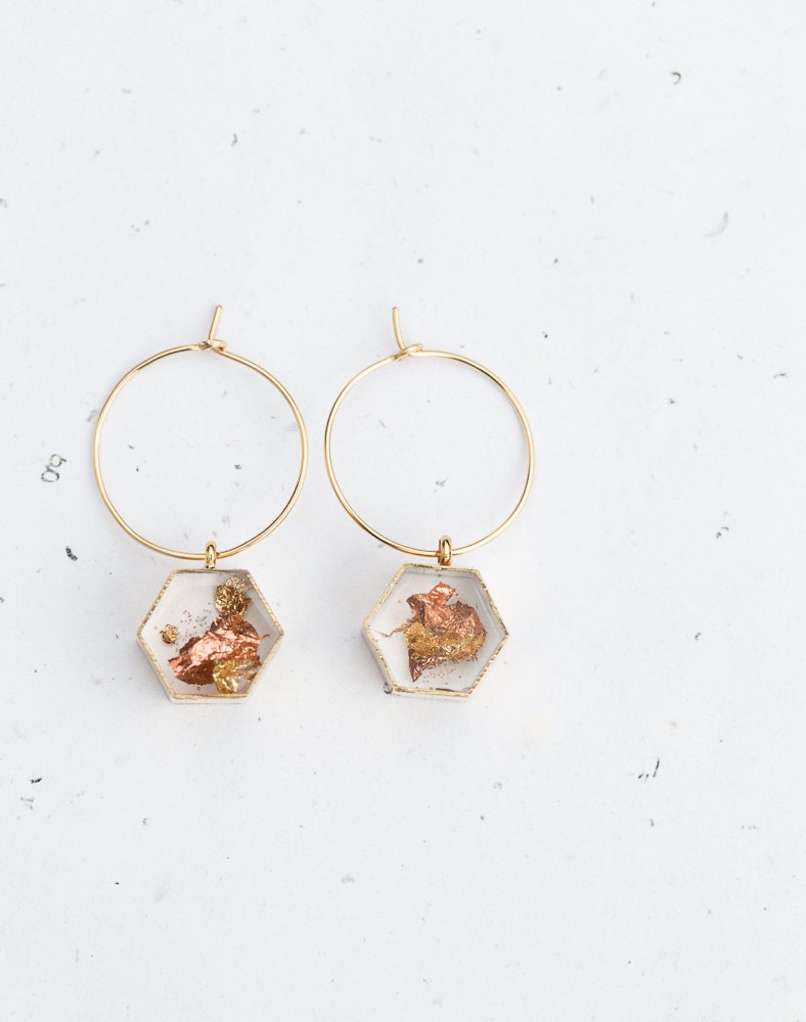 Floating Gold Leaf Hoop Earrings Geometric Hexagon Transparent Etsy