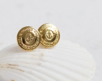 Vintage French Anchor Button Stud Earrings 18K Gold plated nautical jewelry