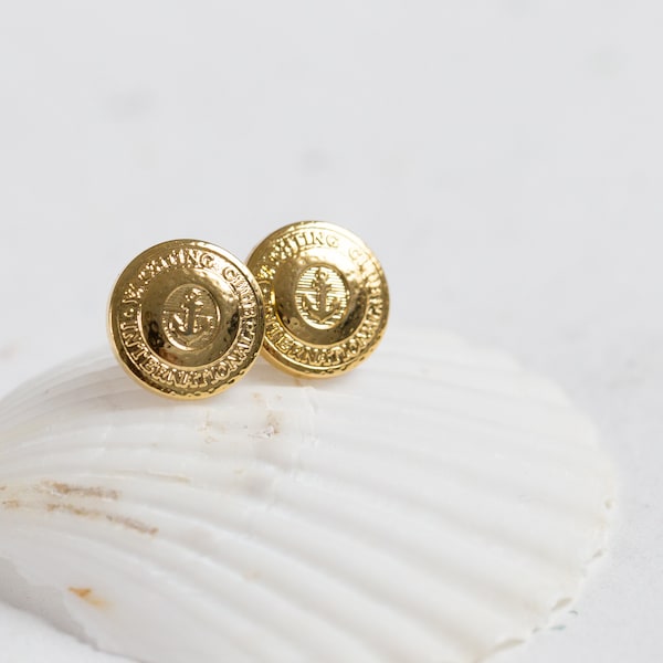 Vintage French Anchor Button Stud Earrings 18K Gold plated nautical jewelry