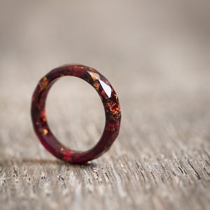 Marsala Resin Ring: Thin Faceted Burgundy Stacking Ring with Gold Flakes