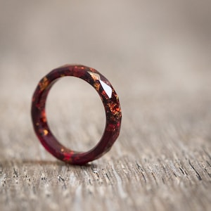 Thin Marsala Resin Ring Stacking Ring Copper Gold Small Faceted Ring OOAK Burgundy Red