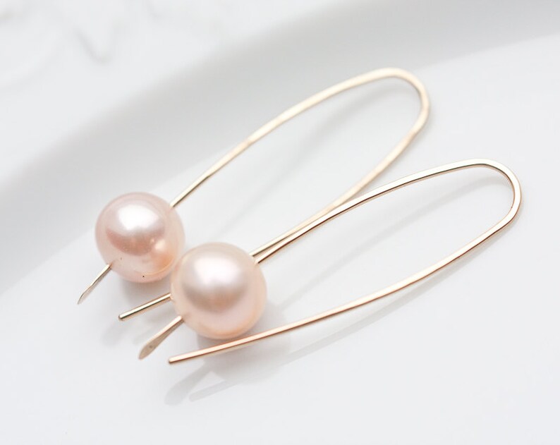 Modern Simple Earrings 14K Goldfilled Pastel Pearls Tea Rose Peach image 2