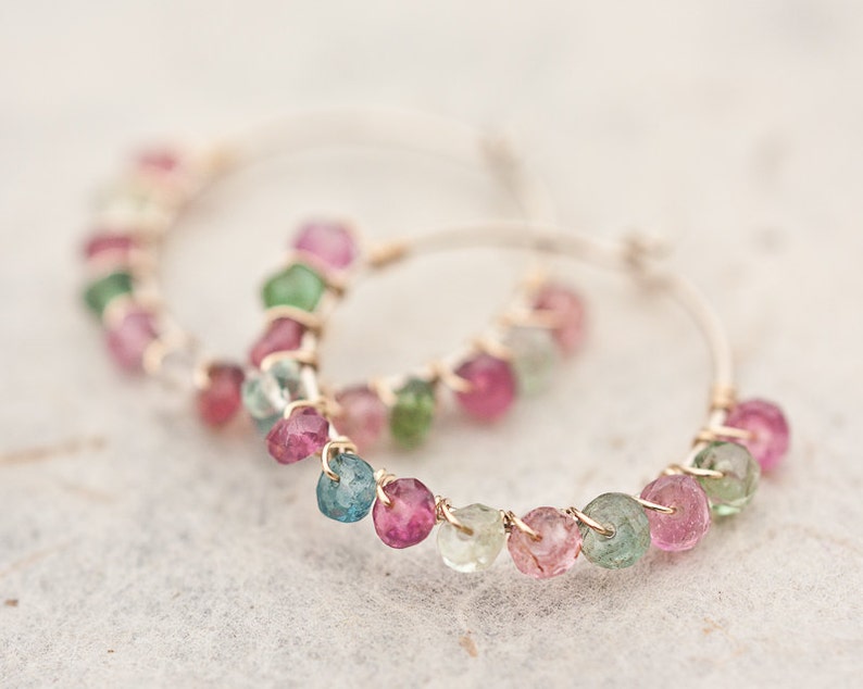 Hoop Earrings Rainbow Tourmaline Luxury 14K Gold wire wrapped beaded hoops watermelon tourmaline multicolor image 4