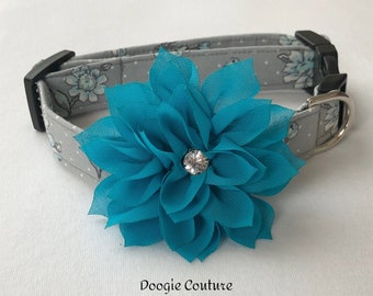 Pretty Gray & Blue Floral Dog Collar Size XS through Large by Doogie Couture Pet Boutique
