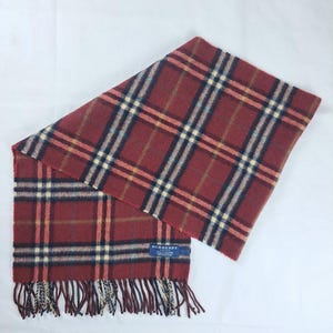 BURBERRY London Classic Nova Check Knit 100% Cashmere Fringe Maroon SCARF made in England