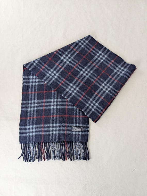 Burberrys Unisex Check Lambswool Scarf Navy– Pre-Loved – Soft Warm Designer Wrap