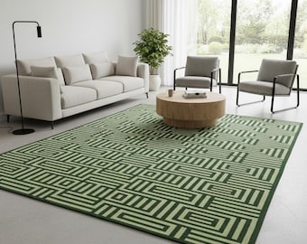 Zielony dywan geometryczny | Dywan z wzorem labiryntu | Styl Mid Century
