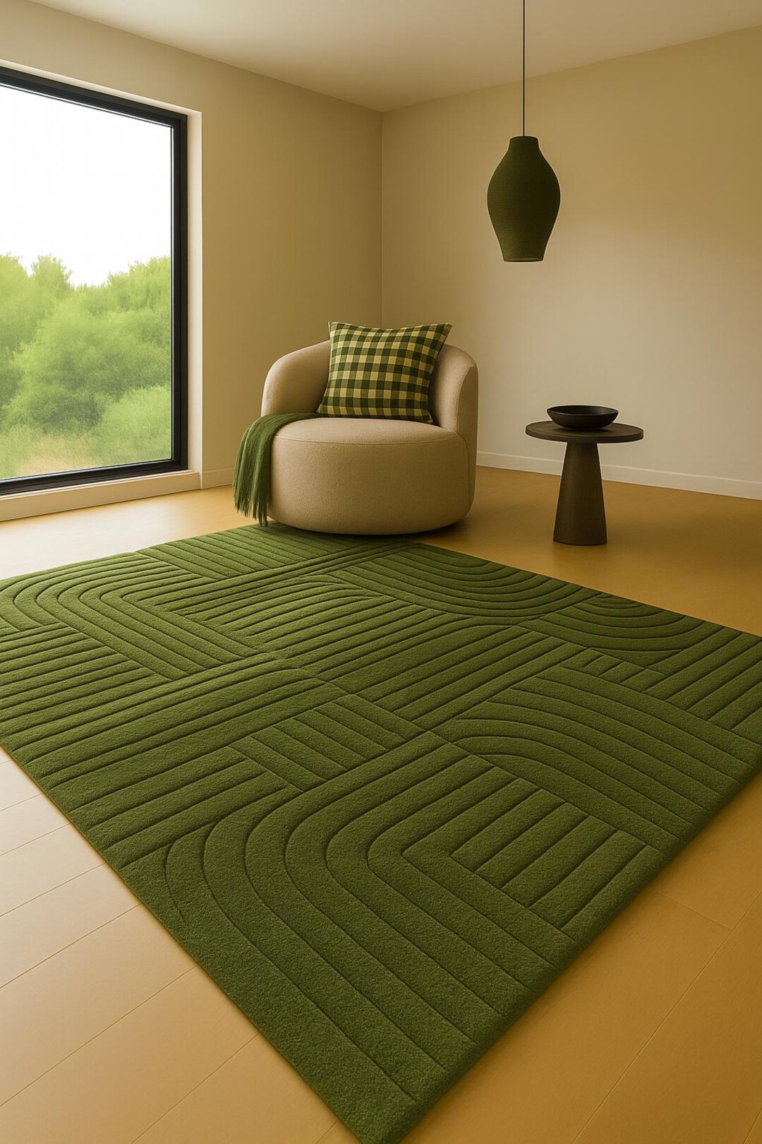 Mid Century Rug | Olive Green Geometric Carpet | Modern Living Room ...