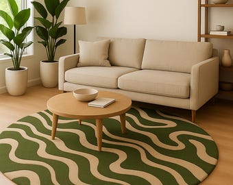 Green Wavy Round Area Rug | Modern Living Room Rug| Earth Tone | Minimal Home Decor