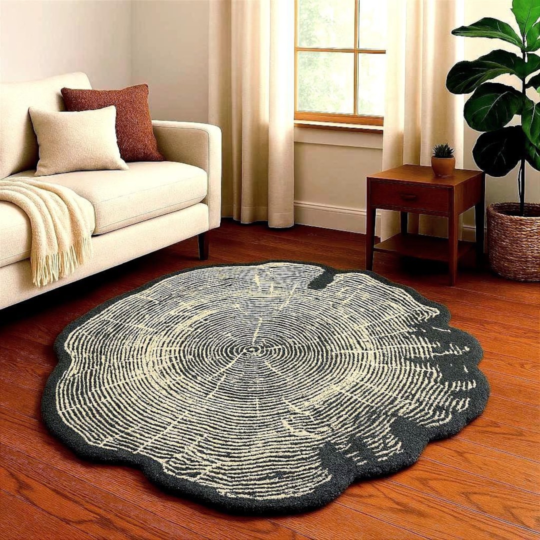 Hand-Tufted Wool Tree Ring Rug: Rustic Woodland Area Nature Decor Christmas Rugs