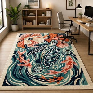 Puede incluir: Una alfombra rectangular que presenta una tortuga marina central rodeada por tres peces koi y grandes motivos florales. El diseño utiliza una paleta de azul profundo, verde azulado y naranja sobre un fondo crema con un borde crema a juego.