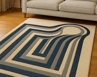 Cozy Living Room Rug, Blue Geometric Pattern, New Zealand Wool with Cotton Backing