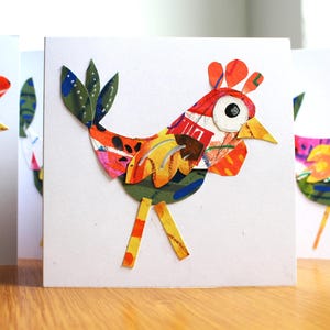 Tarjetas de felicitación / Pollos, gallinas y gallos / Collage divertido, alegre y colorido / Con sobre / En blanco