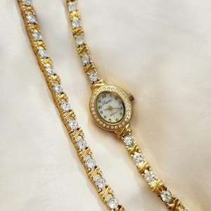 Dainty gold rhinestone vintage watch and bracelet set