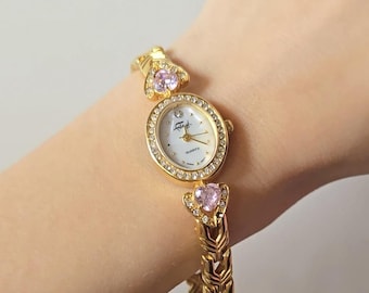 Pink heart gems gold vintage watch