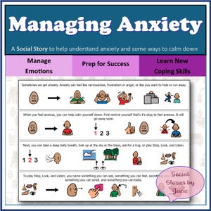 Puede incluir: Una historia social titulada "Manejando la Ansiedad" con texto e ilustraciones. La historia proporciona pasos para manejar las emociones, prepararse para el éxito y aprender habilidades de afrontamiento. Incluye instrucciones sobre respiración profunda y conciencia sensorial.