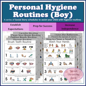 May include: A set of educational social story schedules for personal hygiene routines for boys. The colorful charts cover topics like brushing teeth, washing hands, and using the bathroom, with step-by-step instructions and illustrations.