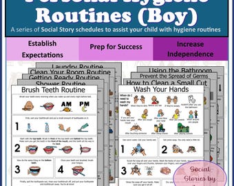 May include: A set of educational social story schedules for personal hygiene routines for boys. The colorful charts cover topics like brushing teeth, washing hands, and using the bathroom, with step-by-step instructions and illustrations.