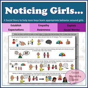 May include: An educational poster titled "Noticing Girls..." designed to teach teen boys appropriate behaviour. It uses text and illustrations to explain expectations, empathy, and social norms. The visuals depict different scenarios and emotional responses.